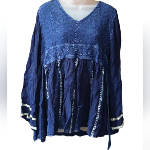 Just Cruising Vintage 80s/ 90s Denim Chambray Tie Back Baby Doll Top MED Boho - Picture 1 of 15